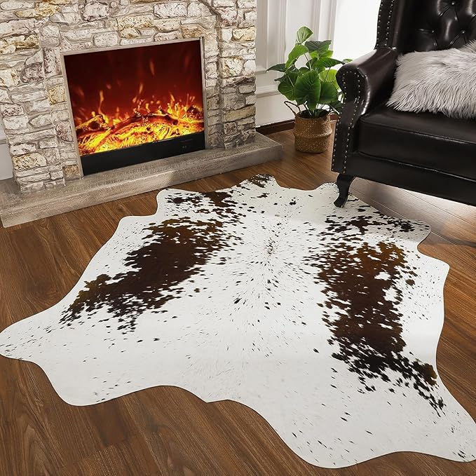 AROGAN Western Decor Faux Fur Cowhide Rug, 5.2 x 6.2 Feet Premium Animal Skin Cow Hide Rug, Sturdy Cow Print Rugs for Wall Decor, Western Floor Carpet for Bedroom Living Room,Speckle Pattern