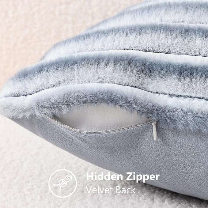 decorUhome Cozy Faux Fur Throw Pillow Covers 22x22 Set of 2 Decorative Soft Plush Striped Modern Farmhouse Boho Couch Euro Sham Pillow Cases with Velvet Back for Sofa Bed Living Roomr, Grey White