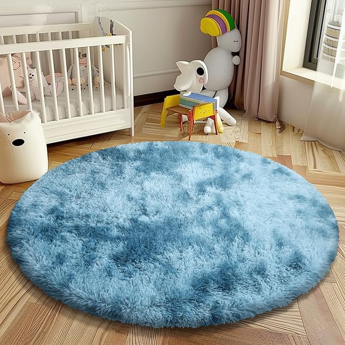 Super Soft Circle Rugs for Girls Princess Castle Toddlers Play Tent 5 Diameter Area Rugs for Kids Bedroom Baby Room Decor Round Shag Carpets(Φ5, Dark Blue Tie-Dyed)