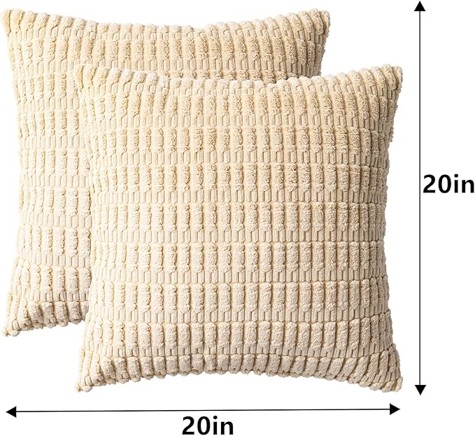Pack of 2 Corduroy Decorative Throw Pillow Covers 20x20 InchSoft Boho Striped Pillow Covers Modern Farmhouse Home Decor for Sofa Living Room Couch Bed(Beige)