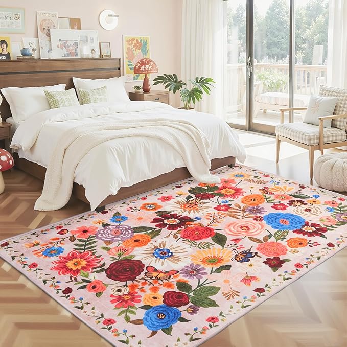Pink/Beige Living Room Rugs, Area Rugs 5x8 Rug for Bedroom Ultra-Thin Soft, Non-Slip Washable Rugs Stain Resistant Boho Rug Low-Pile Throw Rug for Dining Room Office (5 x 8, Beige/Pink)