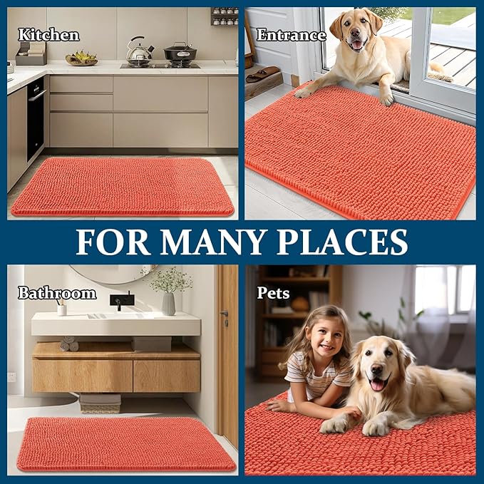 OLANLY Dog Door Mat for Muddy Paws 70x46, Absorbs Moisture and Dirt, Absorbent Non-Slip Washable Doormat, Quick Dry Chenille Mud Mat for Dogs, Entry Indoor Entryway Carpet for Inside Floor, Coral