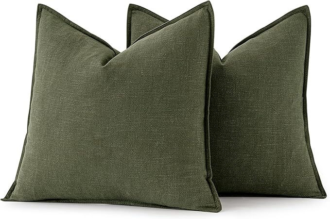 MIULEE Decorative Linen Pillow Covers 20x20 Inch Dark Olive Green Boho Farmhouse Neutral Spring Couch Throw Pillows for Bed Pack of 2 Accent Modern Pillowcase Sofa Livingroom Home Decor