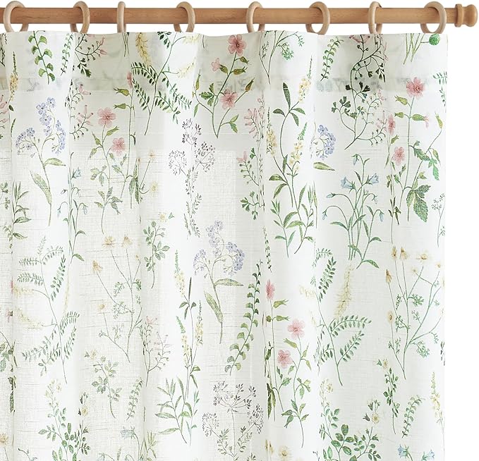 jinchan Floral Linen Blend Curtains for Living Room 63 Inch Length French Country Farmhouse Printed Curtains Sage Green on White Rod Pocket Back Tab Light Filtering Window Drapes 2 Panels
