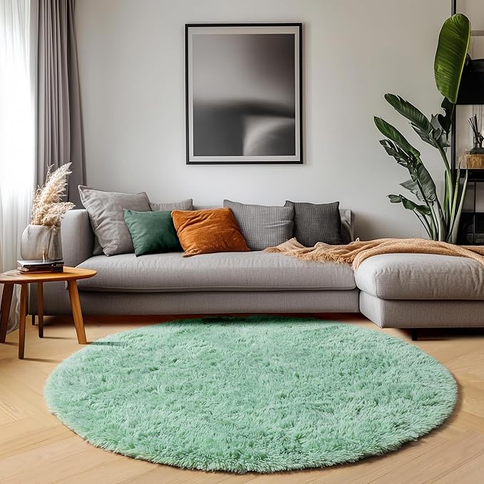 ONASAR Sage Green Round Area Rugs 6ft, Fluffy Soft Bedroom Circle Rug for Kids Girls Boys Teen Room, Cute Furry Plush Shaggy Carpet Floor Mats for Nursery Living Room Playroom Dorm Home Decor
