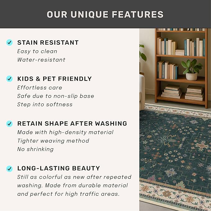 Hazo Haus Dark Green Hallway Runner Rug 12 ft Long - Modern Vintage Boho Eclectic Floral with Brown Accent, Washable Low Pile Non-Slip Extra Long Wide Runner Rugs for Kitchen, 3x12