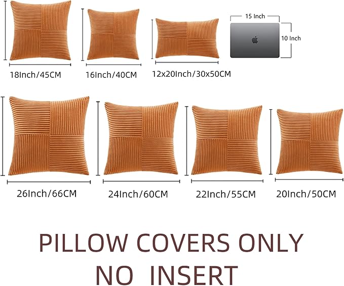 Fancy Homi 2 Packs Burnt Orange Big Decorative Throw Pillow Covers 24x24 Inch for Living Room Couch Bed, Farmhouse Boho Home Decor, Soft Corss Corduroy Patchwork Accent Square Cushion Case 60x60 cm