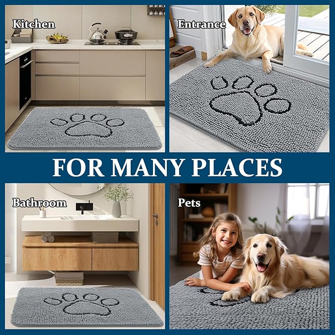 OLANLY Dog Door Mat for Muddy Paws 59x20, Paw Print Design, Absorbs Moisture and Dirt, Absorbent Non-Slip Washable Doormat, Quick Dry Chenille Mud Mat for Dogs, Entry Indoor Entryway Carpet, Grey