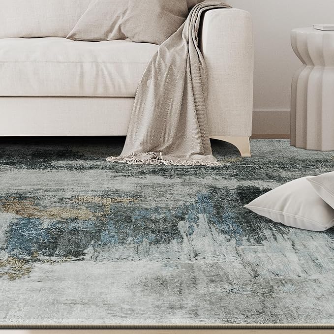 10x14 Area Rugs for Living Room Rug Washable: Abstract Large Rug Indoor Modern Carpet Non Slip for Dining Room Bedroom Nursery Home Office Black Gold