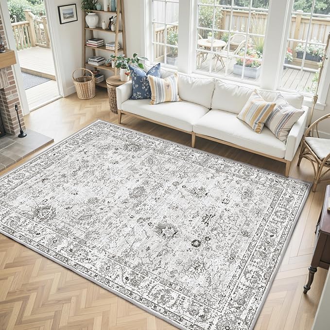 Grey White Area Rugs 5x8 for Living Room Bedroom, Non-Slip Washable Rugs Stain Resistant Boho Rug Low Pile Rug for Dining Room Office (5 x8, Grey White)