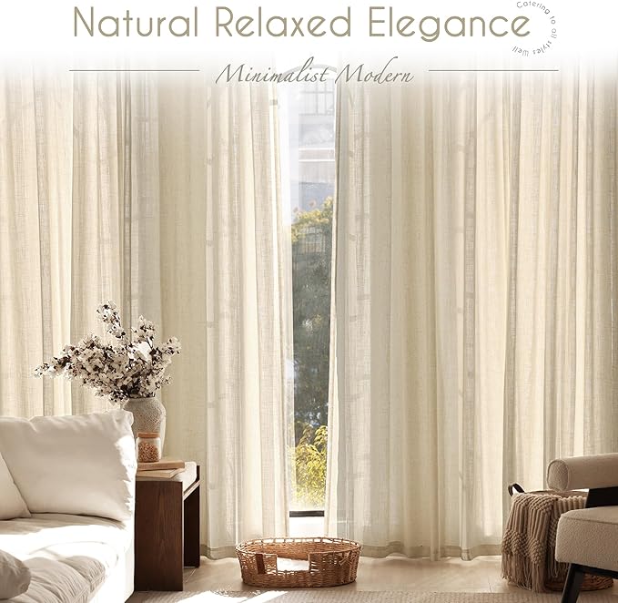 Greyish Beige Linen Curtain 102 inch Length 2 Panels Set Back Tab Light Filtering Living Room Curtain Drapes Home Office Modern Minimalist Decor Farmhouse Boho Neutral Semi Sheer Curtain 102 inch Long