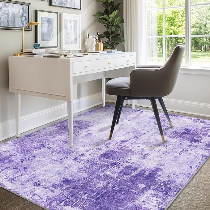 Washable Area Rugs 7'x9' Non-Slip Modern Abstract Soft for Living Room Entryway Bedroom Nursery, Print Pattern, Purple Gray Pink White