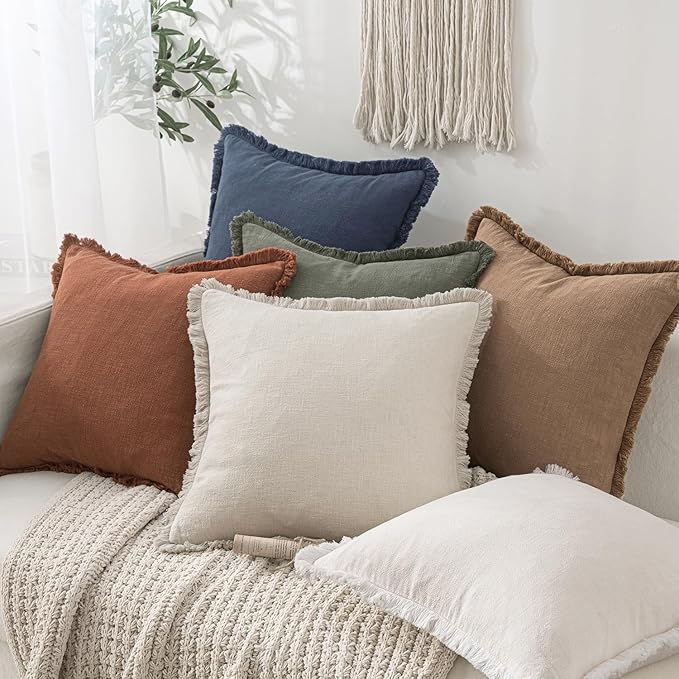 MIULEE Decorative Throw Pillow Covers Neutral Linen Fringe Throw Pillows Set of 2 Indigo Blue Boho Farmhouse Cushion Covers Coastal Decor for Couch Sofa Bed Living Room Spring Decor 18x18 Inch