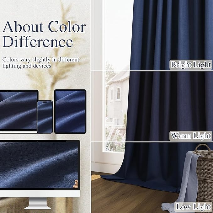 Guken Navy Blue 100% Blackout Curtains 120 Inch Length 2 Panels Set for Living Room Bedroom Back Tab Thermal Insulated Black Out Linen Drapes Room Darkening Window Curtains 120 Inches Long