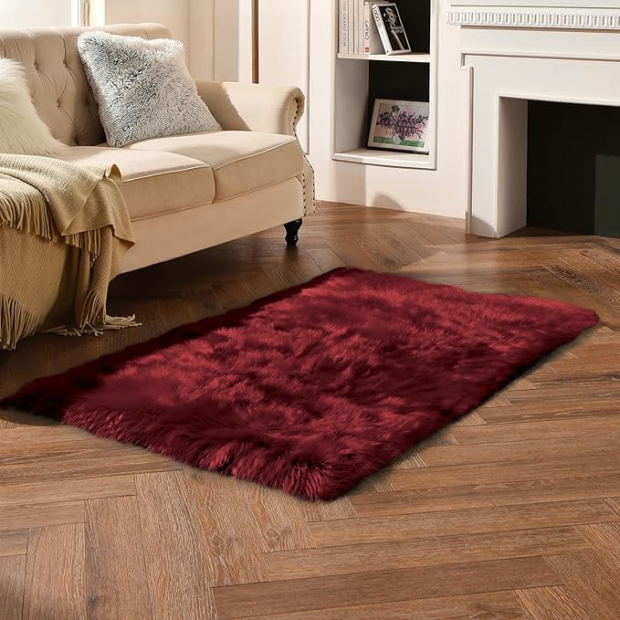 duduta Burgundy Faux Fur Rug 3x5 ft for Nursery Girls Bedroom, Fluffy Shag Rectangle Sheepskin Rug Machine Washable