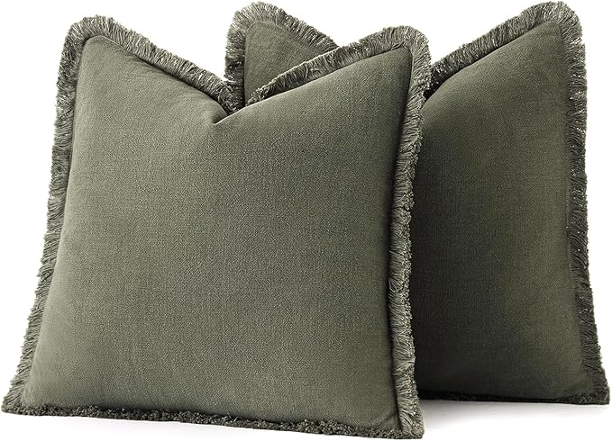 MIULEE Decorative Throw Pillow Covers Neutral Linen Fringe Throw Pillows Euro Shams Set of 2 Olive Green Boho Farmhouse Cushion Covers for Couch Sofa Bed Living Room Spring Home Decor 26x26 Inch