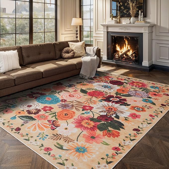 Living Room Rugs, Area Rugs 5x8 Rug for Bedroom Ultra-Thin Soft, Non-Slip Washable Rugs Stain Resistant Boho Rug Low-Pile Throw Rug for Dining Room Office (5 x 8, Yellow Garden)