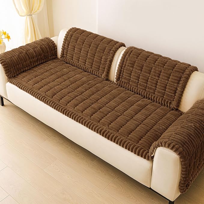hyha Couch Covers for Dogs Washable, Non Slip Plush Dog Sofa Protectors, Fuzzy Pet Couch Covers for 3 Cushion Sofa Pet Friendly (Brown, 27.6" x 82.7")