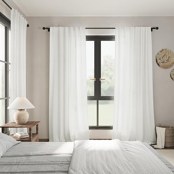 2 Panels Set Ivory Linen Curtains 105 Inches Long for Living Room Extra Long Back Tab Curtains Neutral Farmhouse Light Filtering Semi Sheer Linen Drapes Ceiling to Floor for Large Window