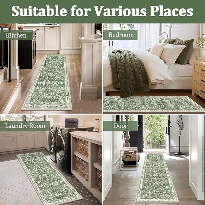 Yamaziot Washable Area Rug 5x7 – Non-Slip Boho Floral Living Room Rug with Rubber Backing, Low Pile Distressed Carpet for Bedroom, Living Room, Dining Room, Green