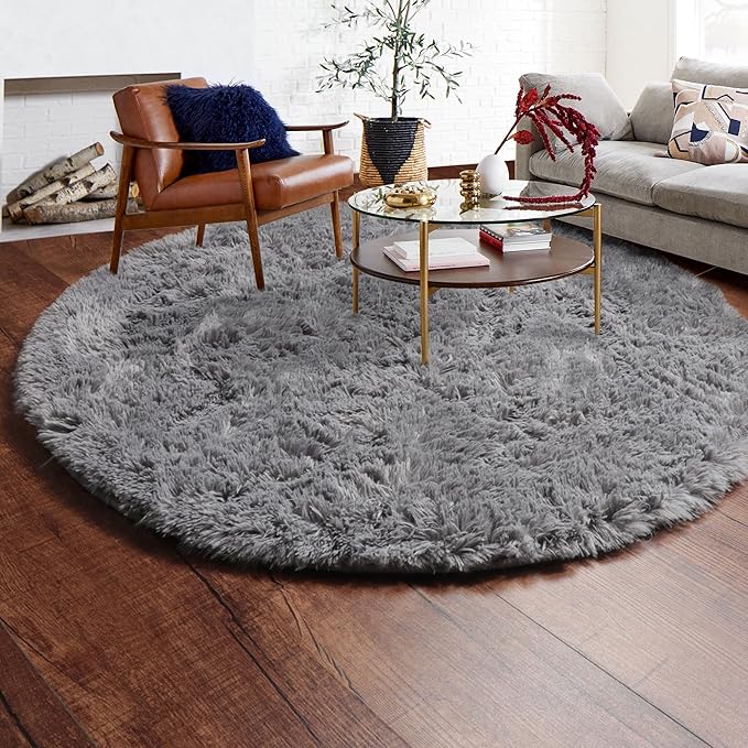 ONASAR Grey Round Area Rugs 6ft, Fluffy Gray Soft Bedroom Circle Rug for Kids Girls Boys Teen Room, Fuzzy Plush Shaggy Floor Carpet Mats for Dorm Nursery Living Room Playroom Home Office Decor