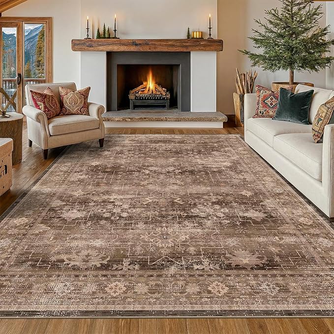 Hazo Haus Boho Brown Living Room Rug 7x9 - Vintage Traditional Eclectic Oriental Neutral Taupe, Washable Low Pile Non-Slip Extra Large Area Rugs for Dining Under Table Bedroom Lounge