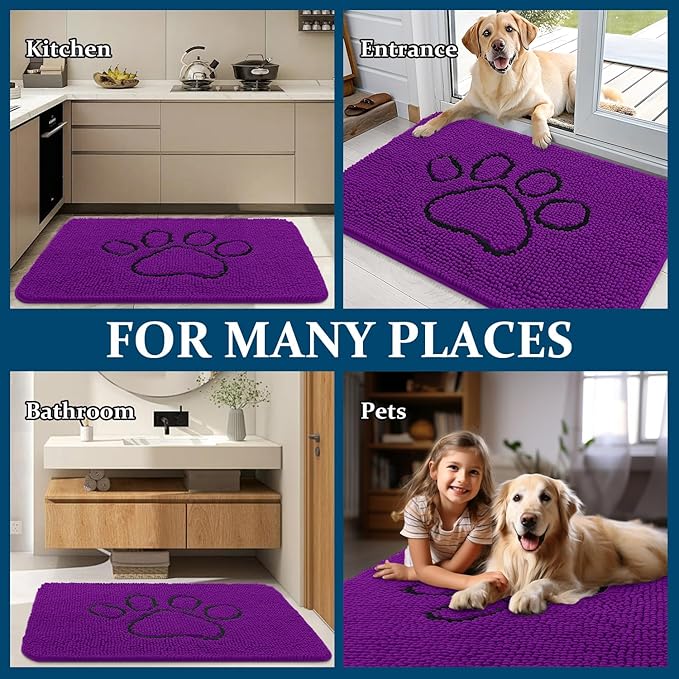 OLANLY Dog Door Mat for Muddy Paws 36x24, Paw Print Design, Absorbs Moisture and Dirt, Absorbent Non-Slip Washable Doormat, Quick Dry Chenille Mud Mat for Dogs, Entry Indoor Entryway Carpet, Purple