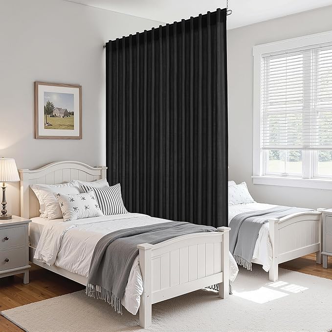 Extra Wide 100 Inch Linen Curtains for Living Room Divider Light Filtering Semi Sheer Back Tab Patio Curtains for Sliding Door Black Coastal Decor Sunroom Floor to Ceiling Window Curtain 100x84