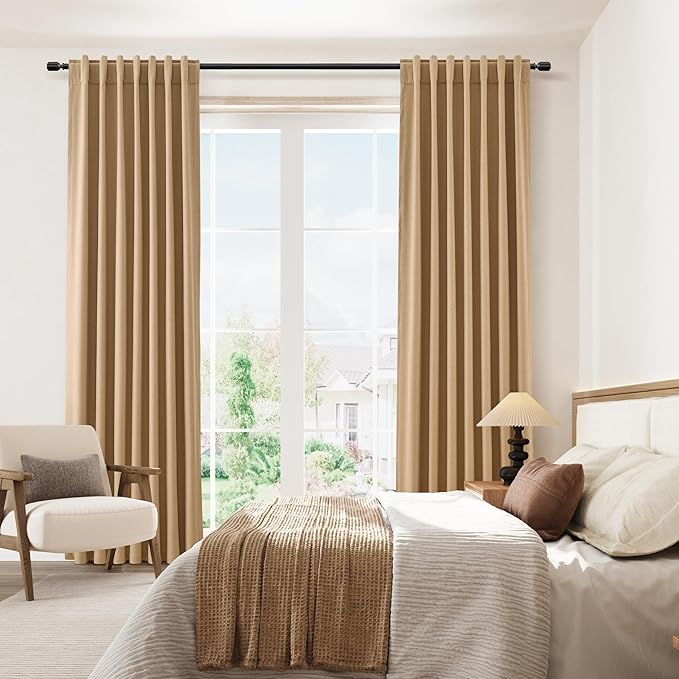 Guken Camel Brown 100% Blackout Linen Curtains 63 Inch Length 2 Panels Set for Living Room Bedroom Back Tab/Rod Pocket Thermal Insulated Black Out Drapes Room Darkening Farmhouse Window Curtains