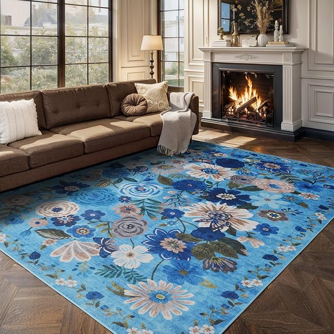 Living Room Rugs, Area Rugs 5x7 Rug for Bedroom Ultra-Thin Soft, Non-Slip Washable Rugs Stain Resistant Boho Rug Low-Pile Throw Rug for Dining Room Office (5 x 7, Blue Garden)