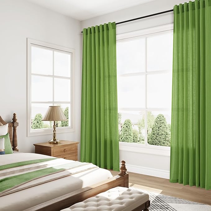 Lime Green Linen Curtains 90 Inch Long 2 Panels Set for Bedroom Living Room, Soft Linen Textured Window Drapes Semi Sheer Light Filtering Rod Pocket Back Tab Morden Style 52x90