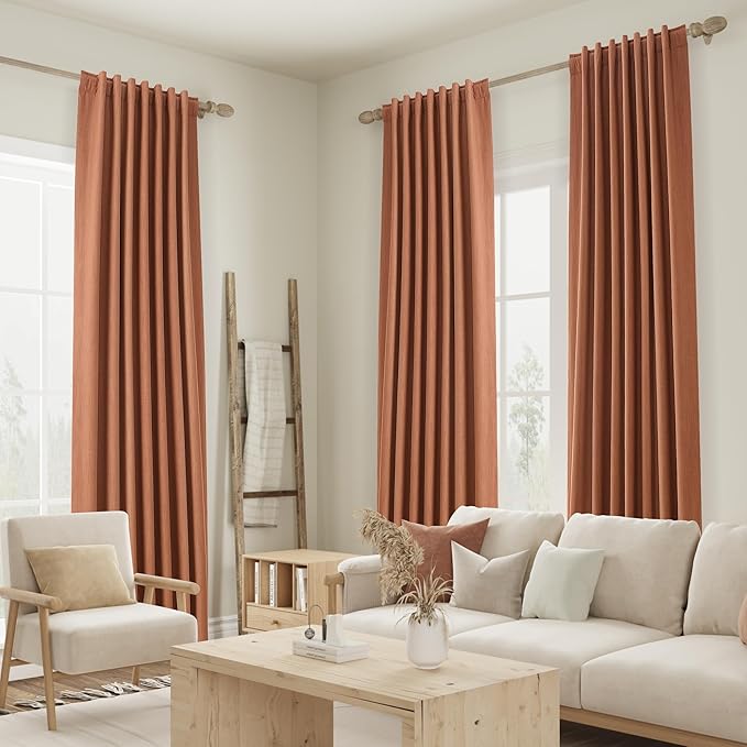 Guken Terracotta 100% Blackout Curtains 108 Inch Length 2 Panels Set Fall Curtains for Living Room Bedroom Back Tab Thermal Insulated Black Out Linen Drapes,52x108