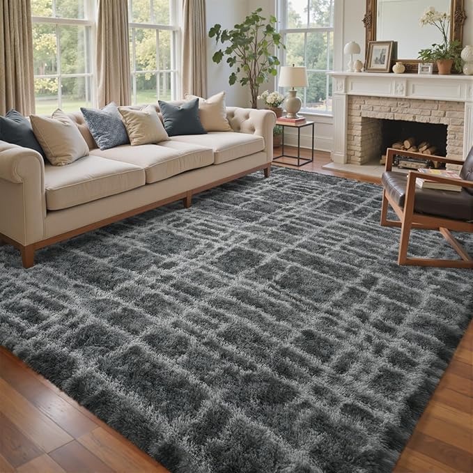 8x10 Ft Extra Large Shag Rugs for Living Room, Tie Dyed Ultra Soft Fluffy Furry Area Rugs for Bedroom Indoor Floor, Aesthetic Carpet for Kids Home Decor (Grey)