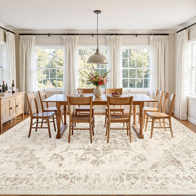 5x7 Area Rugs for Living Room: Vintage Boho Neutral Washable Rug Indoor Soft Large Area Rug Carpet for Bedroom Nursery Farmhouse Dining Room Office Floor Non-Slip Low Pile Under Table Rug Beige/Ivory