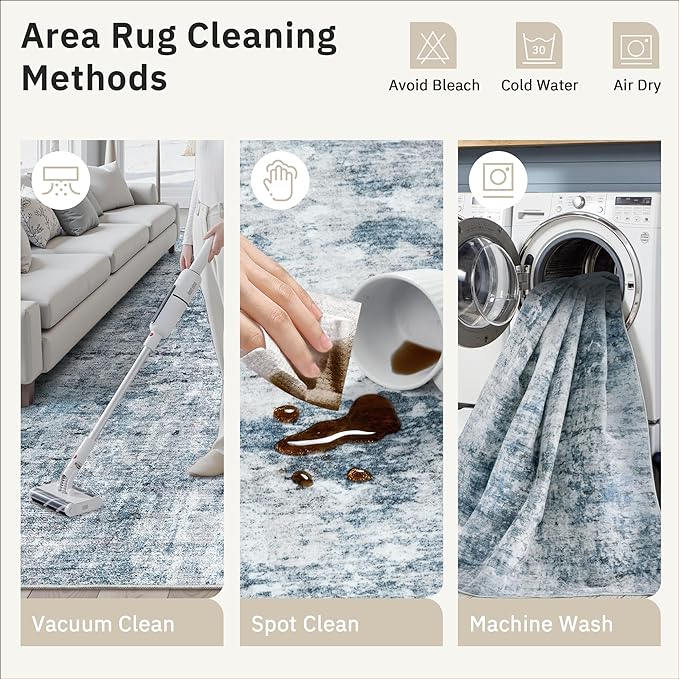 5x5 Blue/Grey Round Rug 5ft Living Room Circle Rug Vintage Round Area Rug Non Slip Indoor Carpet for Entryway Dining Room Bedroom