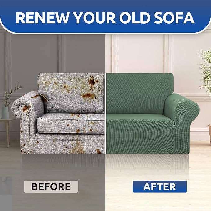 KEKUOU Stretch Loveseat Sofa Cover Slipcover,Couch Covers for 2 Cushion Couch Sofa (55"-78") Furniture Protector Sofa with Elastic Bottom for Kid,Dog. Jacquard Small Checked (Medium,Greyish Green)