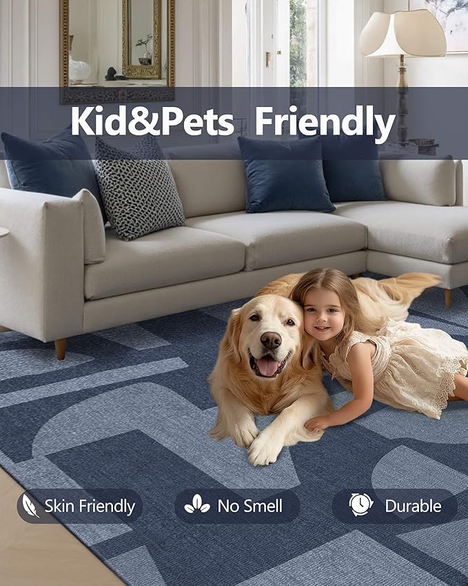 Latte&Fog 3x5 Entryway Rug Indoor, Modern Abstract Washable Area Rug, Boho Non Slip Low Pile Throw Carpet for Indoor Bedroom Bedside, Kitchen, Entry and Living Room - Navy Blue