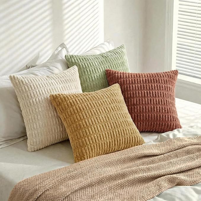 Fancy Homi 4 Packs Boho Fall Decorative Throw Pillow Covers 18x18 Inch for Living Room Couch Bed Sofa, Rustic Farmhouse Home Decor, Soft Plush Striped Corduroy Square Cushion Case 45x45 cm