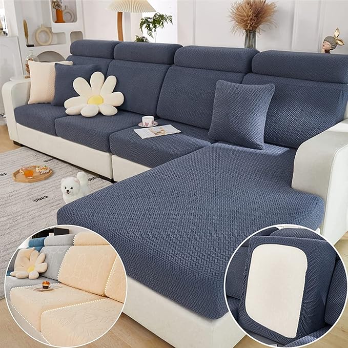 Couch Cushion Covers for Sofa Couch Covers Wear-Resistant Universal Sofa Cover Washable Stretch for Sectional Slipcovers (Texture-Gray Blue,Chaise Cover)