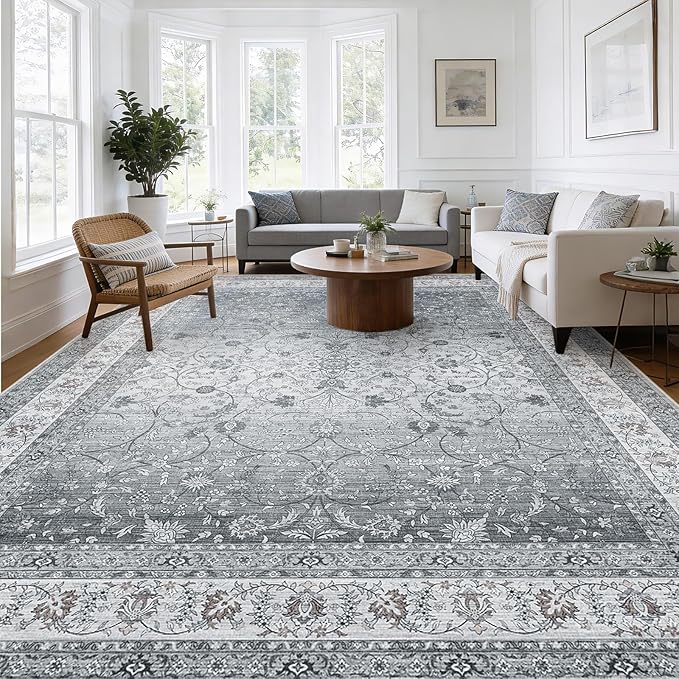 AMADA HOMEFURNISHING 8x10 Area Rugs, Washable Living Room Rug with Non-Slip Backing, Low Pile and Durable Edge Binding, Soft Vintage Floral Rugs for Living Room, Bedroom, Dining Room