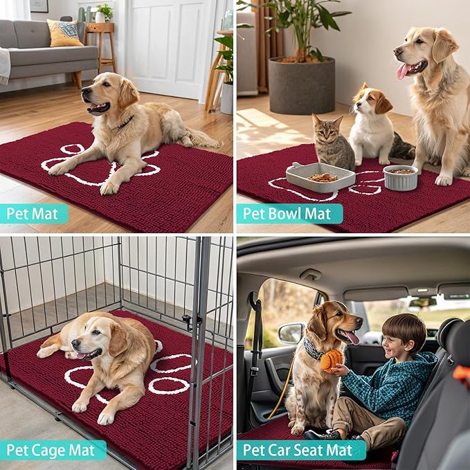Smiry Dog Door Mat for Muddy Paws, Absorbent Dirt Trapper Non Slip Quick Dry Washable Chenille Mat for Mud Dogs, Entry Rug for Indoor and Outdoor (36x24 Inches, Burgundy and White)