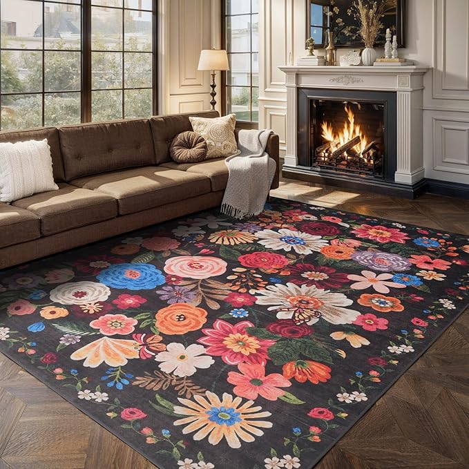 Black/Brown Living Room Rugs, Area Rugs 5x8 Rug for Bedroom Ultra-Thin Soft, Non-Slip Washable Rugs Stain Resistant Boho Rug Low-Pile Throw Rug for Dining Room Office (5 x 8, Black/Brown)