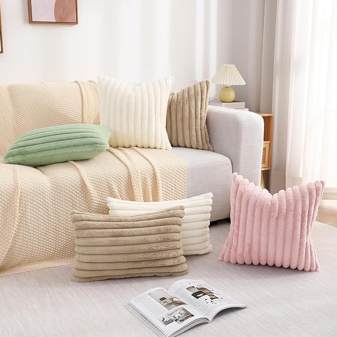 decorUhome Summer Cozy Faux Fur Throw Pillow Covers 12x20 Set of 2 Decorative Soft Plush Striped Lumbar Modern Farmhouse Boho Couch Pillow Cases with Velvet Back for Sofa Bed Living Room, Sage Green