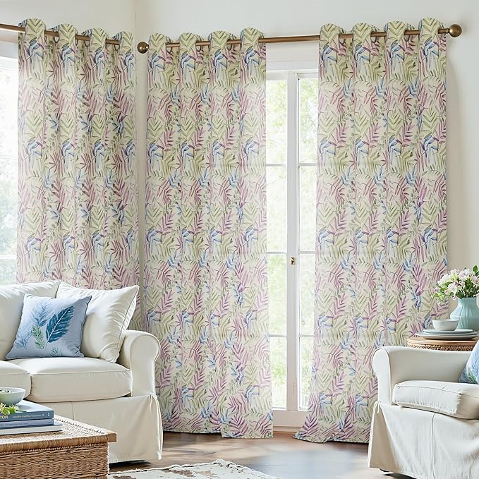 Yakamok Farmhouse Linen Curtains for Living Room 84 Inches Long,Texture Curtains Blue and Purple Grommet Leaves Plant Pattern Bedroom Curtain 2 Panels