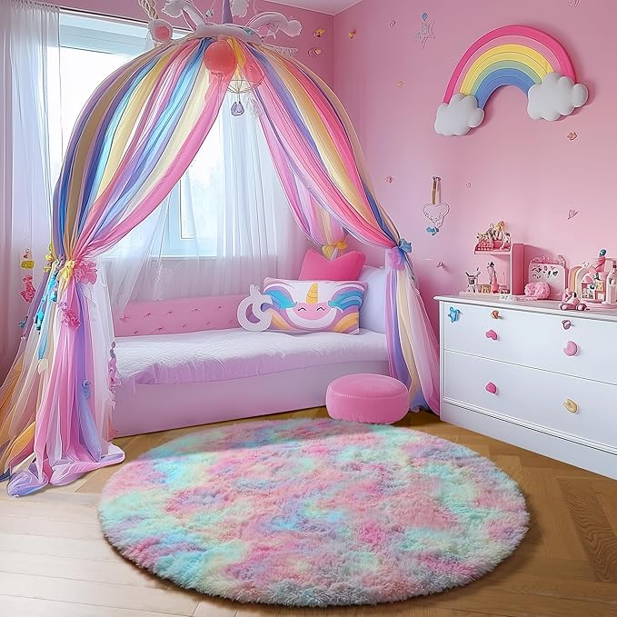 Amdrebio Rainbow Fluffy Round Rug 6Ft Kids Rugs for Girls Bedroom, Unicorn Room Decor, Colorful Pastel Plush Floor Carpet for Playroom Baby Nursery, Cute Shag Kawaii Circle Area Rug for Teen Princess