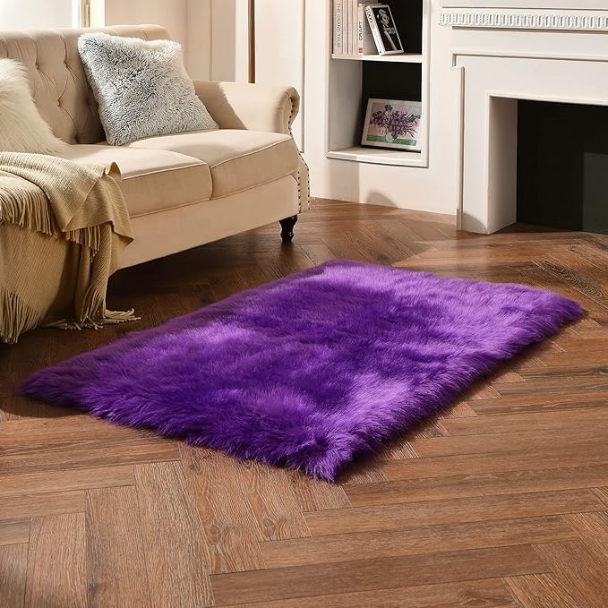 duduta Purple Faux Sheepskin Fur Rug 3x5 ft, Fluffy Shag Bedroom Dorm Nursery Playroom Carpet Rug Non Slip Washable