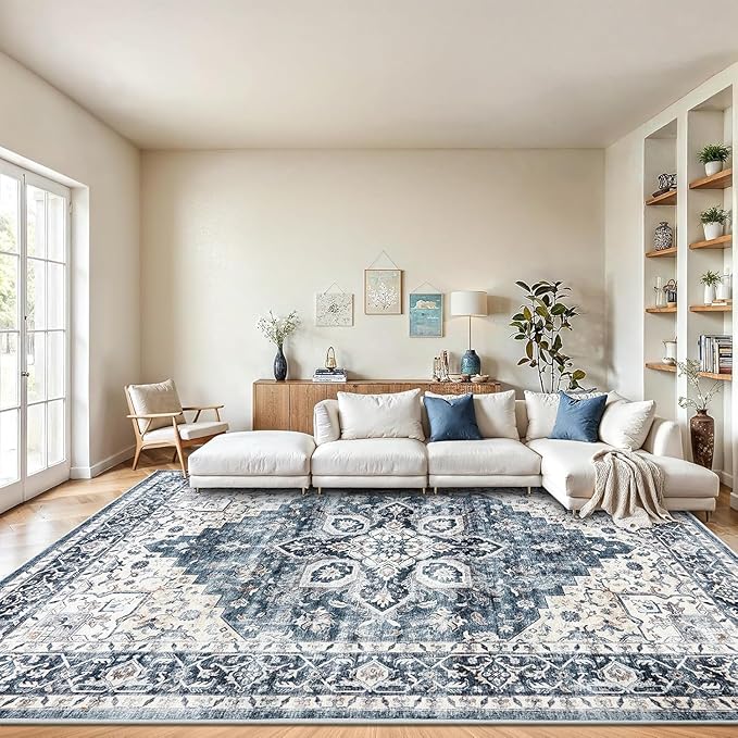 AMADA HOMEFURNISHING 10x14 Washable Area Rug, Low-Profile Large Area Rug with Non-Slip Backing & Durable Edge Binding, Vintage Large Rugs for Living Room, Bedroom & Dinning Room
