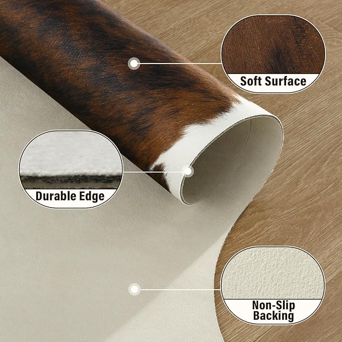 AROGAN Western Decor Faux Fur Cowhide Rug, 6.2x7 Feet Premium Animal Skin Cow Hide Rug, Durable Cow Print Rugs for Wall Decor, Western Floor Carpet for Bedroom Living Room, Spotted Brown