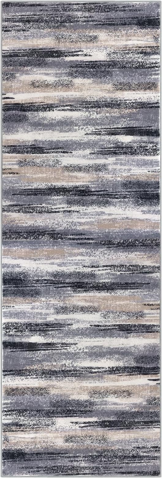 Lansny Modern Abstract Runner Rug 2.6x18, Grey Black Multi Washable Long Kitchen Runner Non-Slip Soft Hallway Rug Runner Thin Print Faux Wool Carpet for Entryway Bedroom Laundry Room Indoor Home Decor