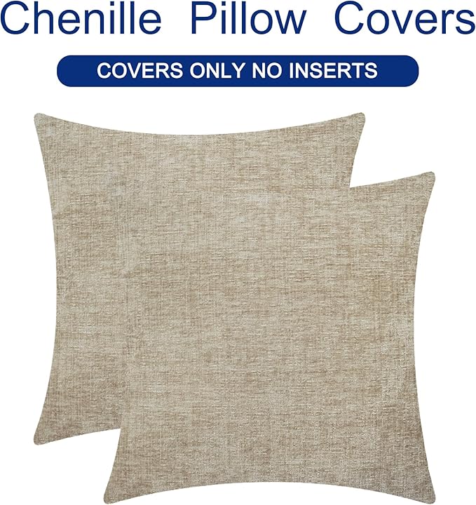 CaliTime Throw Pillow Covers Decorative 22 X 22 Inches Pack of 2 Cozy Chenille Cushion Cases for Couch Sofa Bed Living Room Home Light Taupe